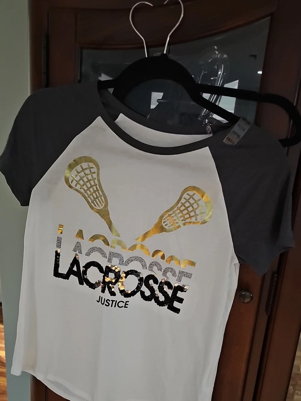 Justice Lacrosse Raglan Glitter Tee - White with Charcoal Sleeves Sz 14-16 Nwt